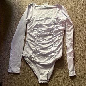White Square Neck Ruched Long Sleeve Bodysuit